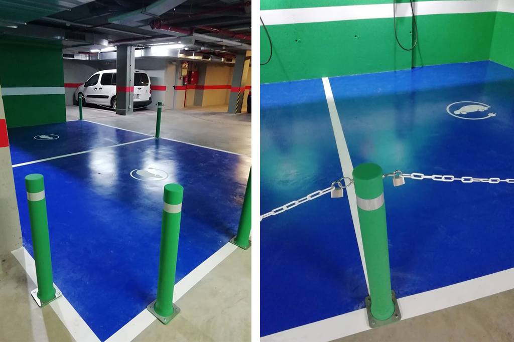 A-Flex bollards with plate in parking for a electric vehicle area